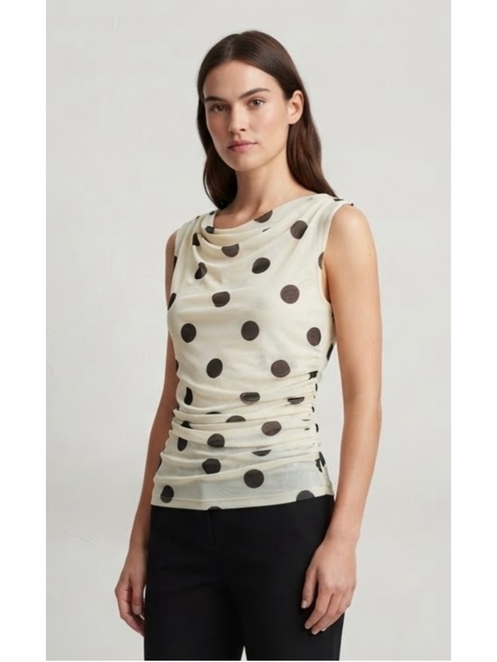 Philosophy Polka Dot Mesh Ruched Sleeveless Top Ivory Black Retro NWT Large Chic